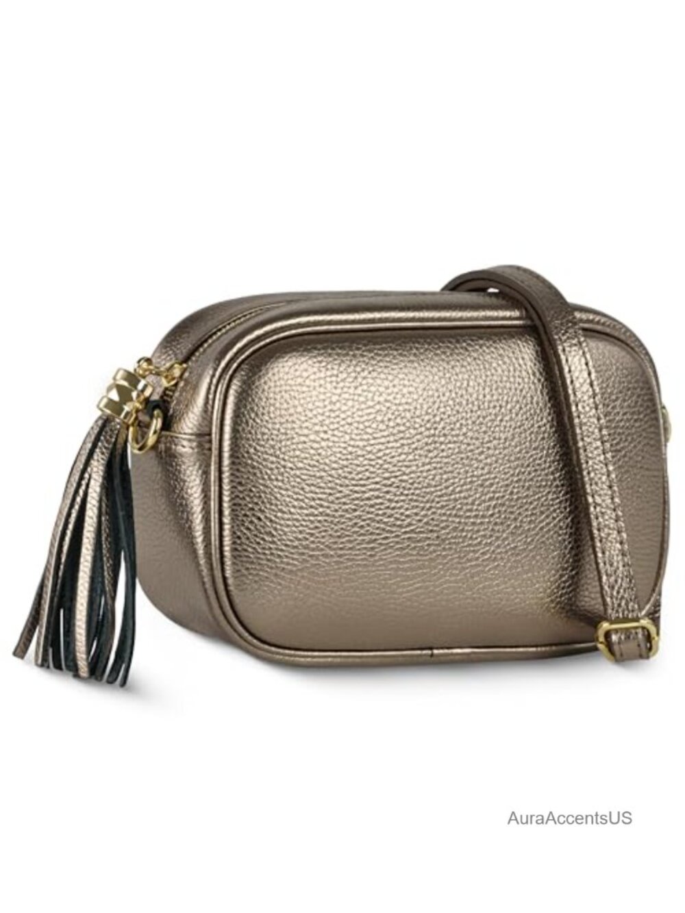Italian Full-Grain Leather Structured Crossbody Purse with Tassel Zipper